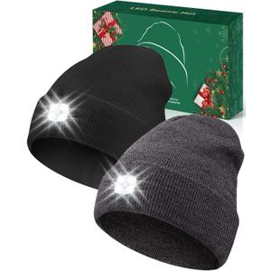 Unisex Beanie with Light, USB Rechargeable LED Headlamp Hat, Valentine's Day Gifts Men Women (Balck&gray)
