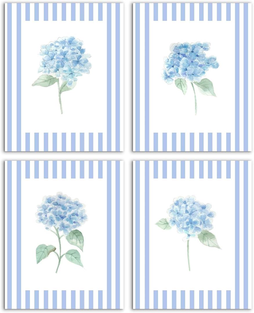 6 x MKIJUHB Blue Hydrangea Floral Botanical Wall Art Decor, Flower Room Decor, Rustic Blue Striped Hydrangea Flower Prints Wall Art Poster for Girls Room Bedroom Home, 8x10 Unframed Set of 4