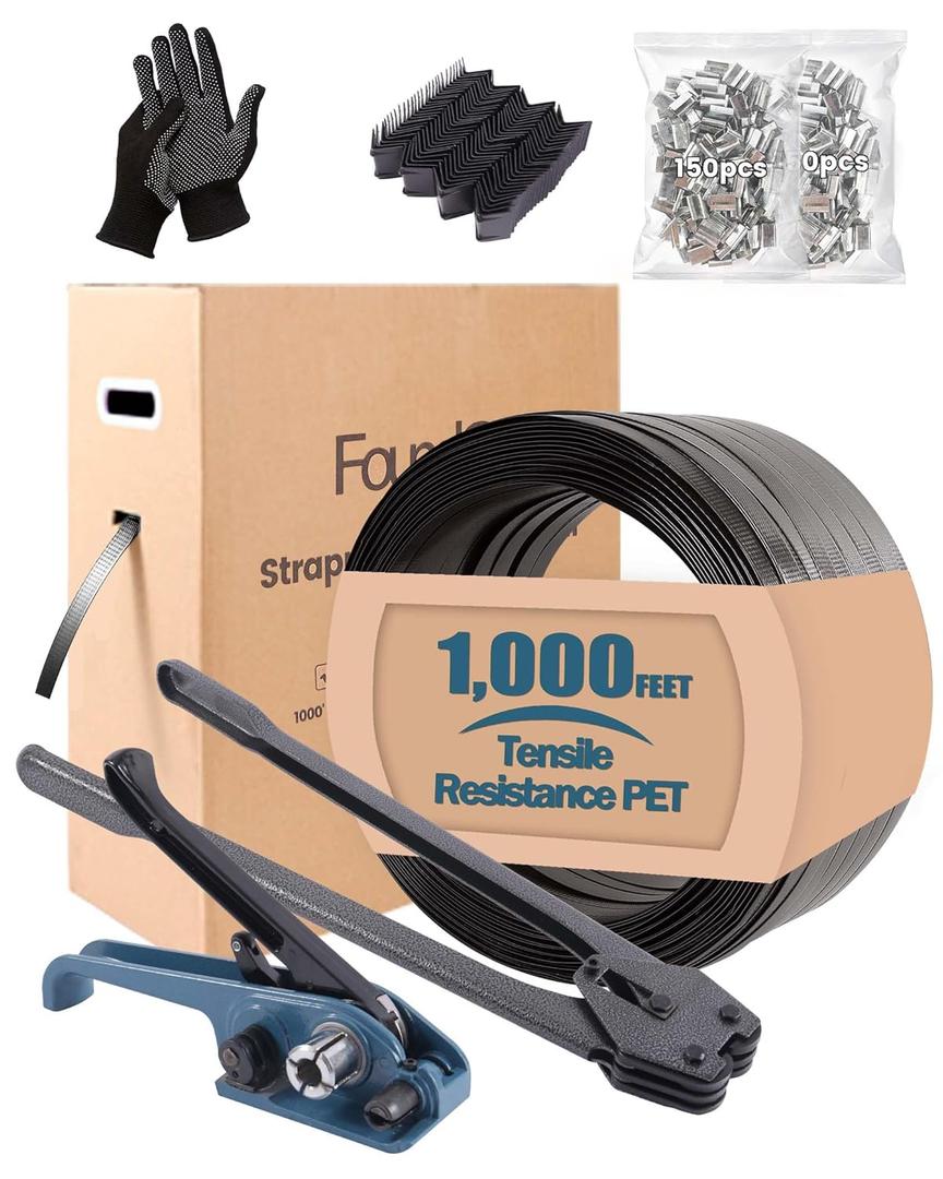 FoundGo PET Banding Strapping Kit for Heavy Duty Durable Pallet Packaging Strapping Tool with >1500lbs 5/8" x 1000' PET Strapping Roll & its own Pull-Out Box 100 Corner Protectors 300 Seals-Blue Gray (1000FT, Grey Black)