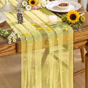 Artoid Mode Pearl Yellow Gauze Table Runner 120 Inch, Seasonal Sheer Dining Holiday Wedding Birthday Baby Shower Table Decor for Home Party (28" x 120")