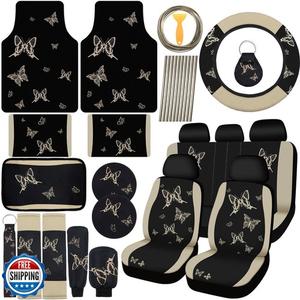 BBTO 47 Pcs Butterfly Car Seat Full Set Butterfly Car Accessories for Women 5 Front Rear Seat Covers Wrist Strap 2 Pieces Cup Mat Armrest Pad 2 Belt Cover Accessories for SUV(Cream-ColoredBlack)