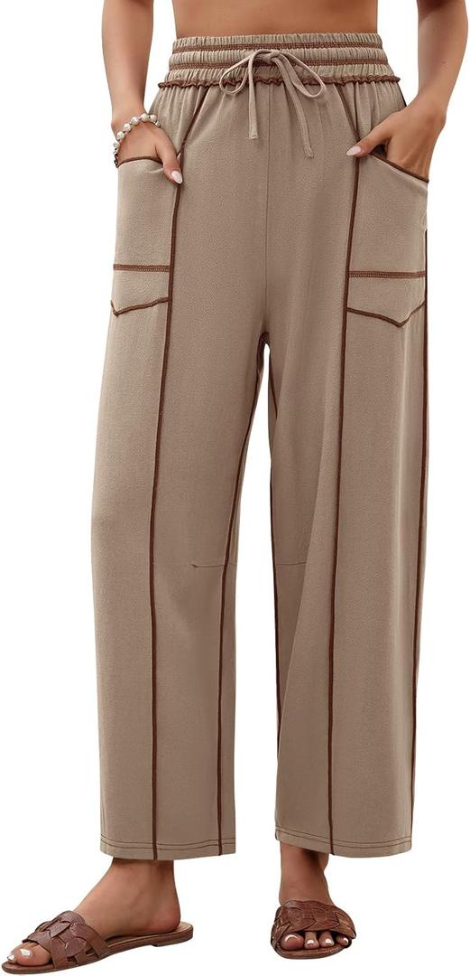 Womens Linen Barrel Pants Baggy Wide Leg Palazzo Pants Casual | Drawstring Waist, with Pockets, Lounge (S)