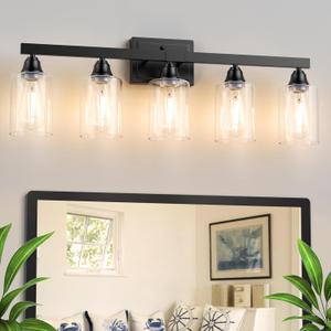 VOLISUN Matte Black Bathroom Light Fixtures, 5-Light Bathroom Vanity Light Over Mirror, Modern Vanity Lights for Bathrooms, Bathrooms Lights Fixtures Over Mirror with Clear Glass Shades