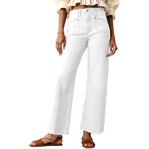 Cicy Bell Womens High Waisted Cropped Jeans Trendy Stretchy Baggy Straight Leg Raw Hem Capri Denim Pants (White), Size 4