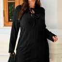 AlvaQ Plus Size Dresses for Women Fall Winter Casual Bow Tie Ruffle V Neck Ribbed Knit Mini Sweater Dress L-4X (Black, XL)