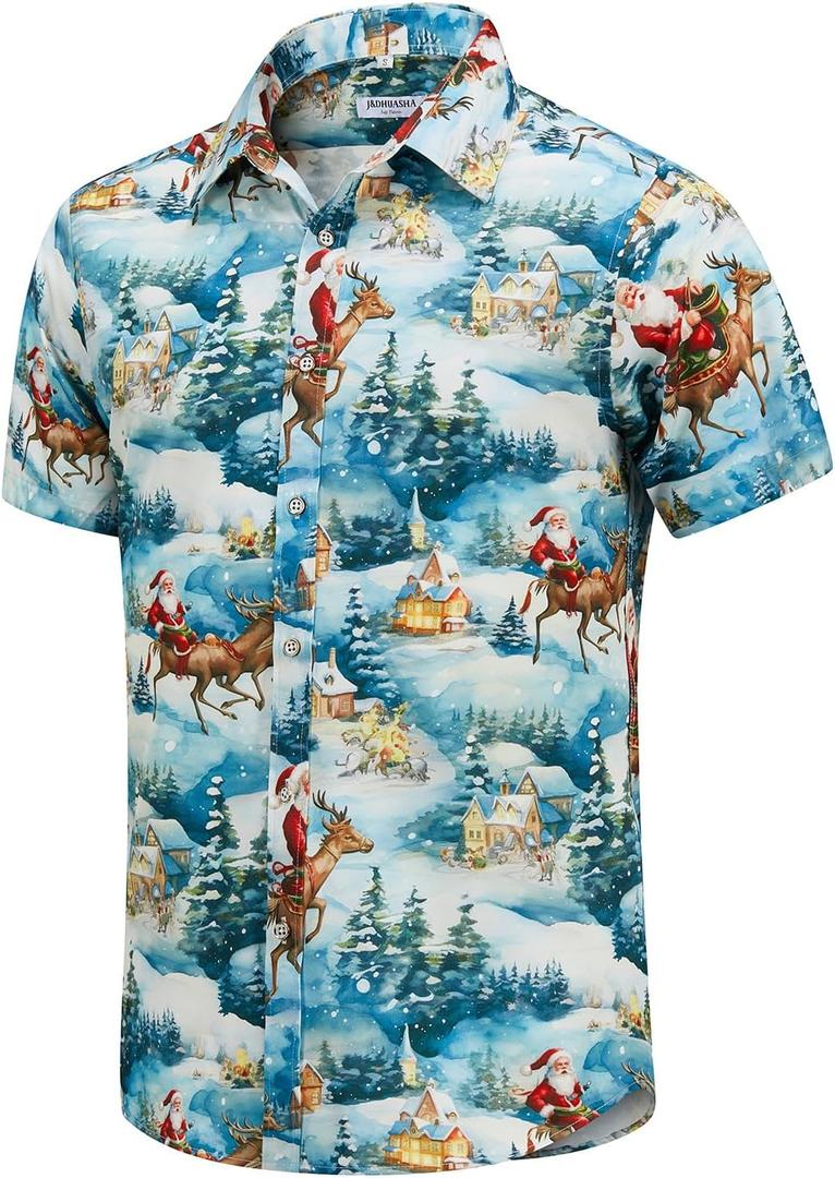 J&DHUASHA Christmas Hawaiian Shirt for Men Short Sleeve Button Down Santa Vacation Dress Shirts (Blue, XXXL)