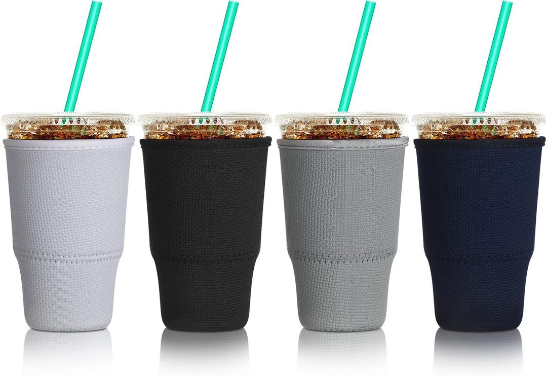 Patelai 4 Pieces Reusable Iced Coffee Sleeve Cup Insulator for Cold Drinks Beverages and Holder for Most Coffee (30-32 oz Large, Solid Color Style)