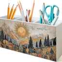 Boho Floral Southwestern Boho Sun Pen Holder for Desk,Western Mountain Desert Cactus Landscape Wooden Box Sign Desk Decor for Home Office Desk Tabletop Decoration,Sun Sunrise Sunset Floral Decor