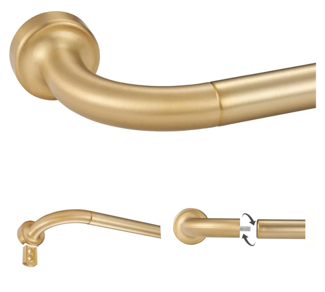 Warm Gold Disc Curtain Rods, 48-84 Inches Window Curtain Rod, Adjustable Room Darkening Drapery Rod with Aluminum Finials and Brackets, Wrap Around Design