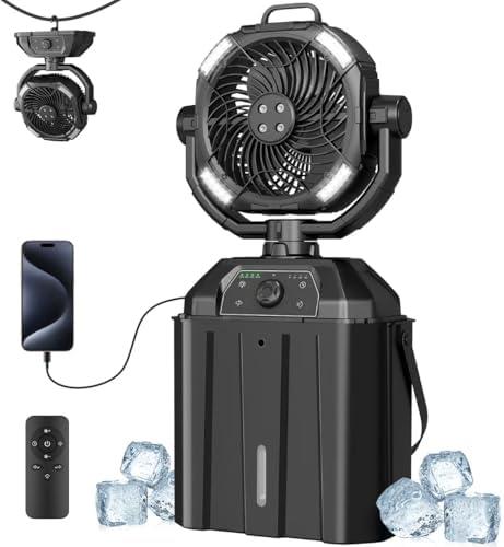 NYXQUARK Portable Misting Fan with 25000mAh Reverse Charging & Remote Control, Auto-Oscillating LED Outdoor Cooling Fan, Stepless Speed, Waterproof Design for Camping, Patio, Pets, Garden Use (Black)