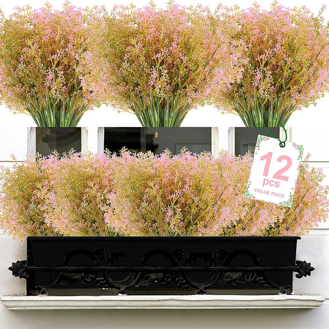 Artificial Plants, 12 Bundles Outdoor Fake Plants Spring Summer UV Resistant Faux Greenery Shrubs Indoor Outside Porch Garden Patio Window Box Decor (Pink)