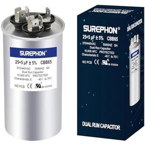 SUREPHON 25+5 uF 25/5 MFD ±5% 370V/440VAC Dual Run Start Capacitor CBB65B Works for AC Unit Fan Motor Start or Heat Pump or Condenser Straight Cool