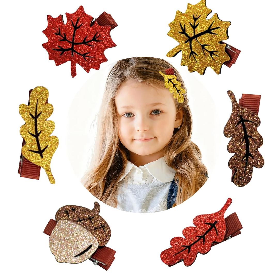 3 x GREENTEA 6 Pack Glitter Fall Leaves Hair Clips Set, Autumn Theme Acorn and Maple Leaf Design, Brown Red Gold Colors for Girl Woman Decor