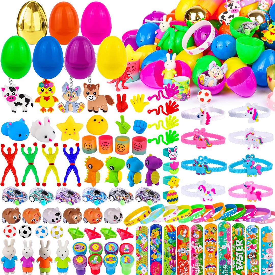 [ 6 Surprise Gold Eggs ] 100 Pack Prefilled Easter Eggs with Assorted Toys Inside, Truly Pre-Filled Plastic Easter Egg Filles Fidget Toys Easter Hunt, Basket Stuffers Party Favors for Kids Boys Girls