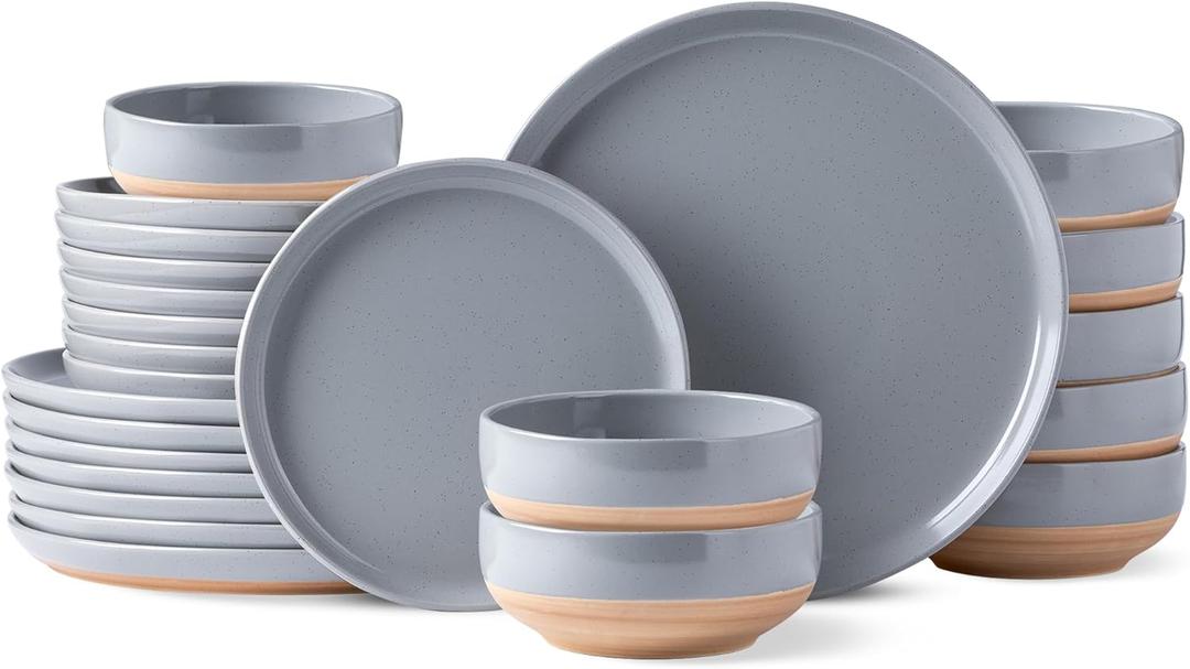 AmorArc Ceramic Dinnerware Sets for 8, 24 Pieces Handpainted Plates and Bowls Set with Rustic Terracotta Underside, Scratch Resistant Stoneware Dishes Set, Dishwasher & Microwave Safe (Limestone)