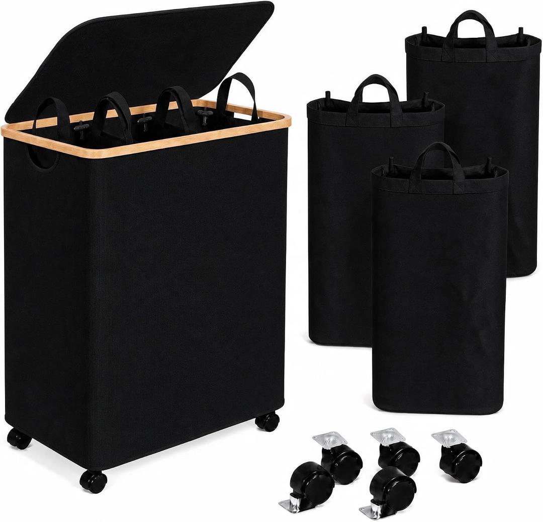 3-Section 160L rolling Laundry Hamper with Wheels and Lid,Black, Extra large, 
Product Dimensions	22.4"L x 14.6"W x 29.1"H