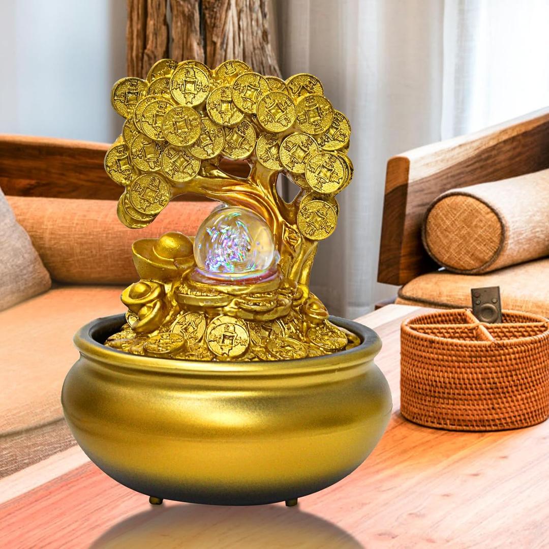 Gold Money Tree Feng Shui Desktop Water Fountain Waterfall Decoration with LED Light Portable Tabletop Decorative Zen Meditation Waterfall for Office Living Room Craft