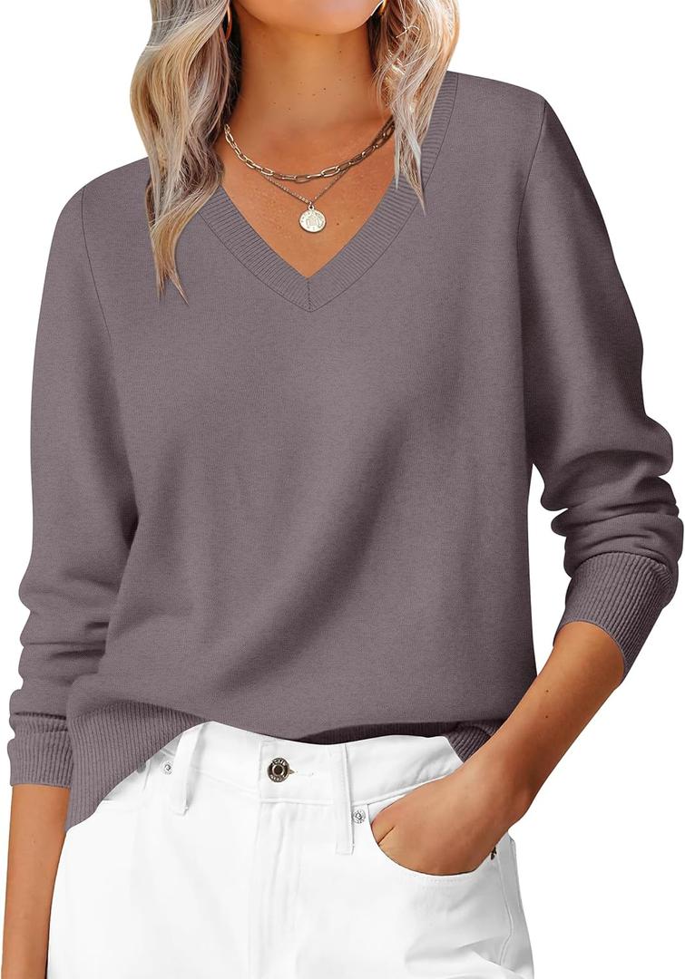 ANRABESS Womens Long Sleeve V Neck Sweaters 2025 Fall Casual Classic Soft Loose Fit Basic Pullover Jumper Top (Pink, L)