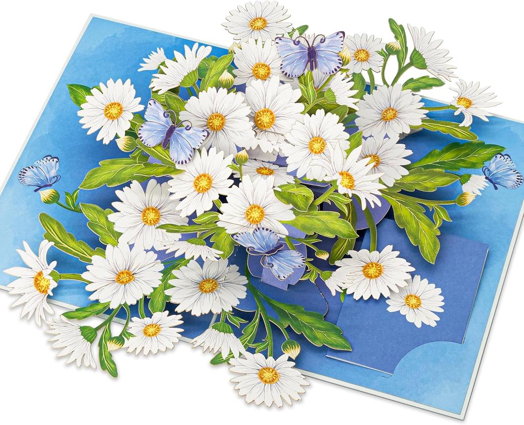 POPWOW Daisy Pop Up Cards, White Daisy, Butterfly, 3D Greeting Cards, Gifts for Birthday, Mothers Day, Valentines Day, Mom, Wife, Girlfriend, Sister, 5x7 - Includes Envelope And Message Note