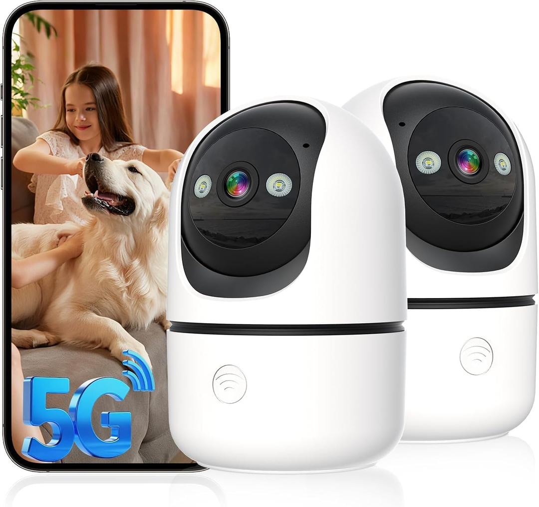 Security Cameras Indoor, 2K 5G&2.4Ghz WiFi Camera for Security Home with 911 Monitor Alert, 360 PTZ Baby/Pet/Dog Camera AI Search Motion Detection, Color Night Vision, Speaker, US Cloud Storage, 2Pack (White)