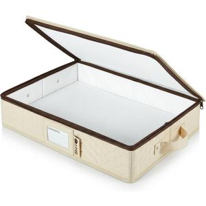 Platter Storage Containers - Hard Shell Protection for Fine China, Sturdy Dish Organizer with Dividers for Seasonal Storage, Moving & More - Protects up to 4 Platters - Beige Quilted