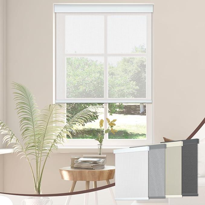 Allesin zen Free-Stop Cordless Cordless Blinds for Windows, 5% Openness, UV Protection, Light Filtering Roller Shades with View-Through Function for Home, Natural Woven, White, 40" W x 72" H