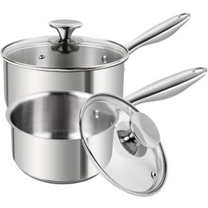 MICHELANGELO Stainless Steel Saucepan Set 1Qt & 2Qt, 18/10 Stainless Steel Pot Set, Induction Saucepan with Glass Lid, Dishwasher & Oven Safe (No Coating & Non-toxic)