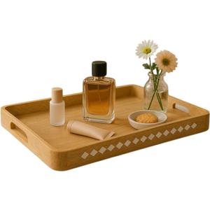 Mela Artisans Wooden Serving Tray with Handles | 15x10x1.75 inch | Mango Wood Decorative Tray | Ottoman Tray | Snacks | Desserts | Breads | Coffee Table | Bedroom | Rounded Edge Design