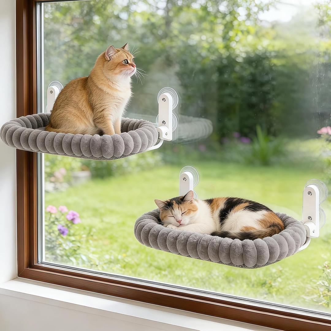 Zoratoo 2PC Cat Window Perch with Bolster Foldable Cat Hammock Cushion Bed for Window with Metal Frame, Cloud-Cuddle Cordless Window Resting Seat for Indoor Cats (Cushion Bed, Gray-M)