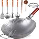 Carbon Steel Wok Traditional Hand Hammered - 13.4" Chinese Woks Round Bottom Wok Pan Set with 8 Pcs Cookware Accessories