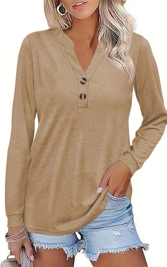 Women Button Down Henley Shirts V Neck Long Sleeve Fashion Dressy Casual Tops Trendy Blouses Loose Fit Tunic (Beige, XL)