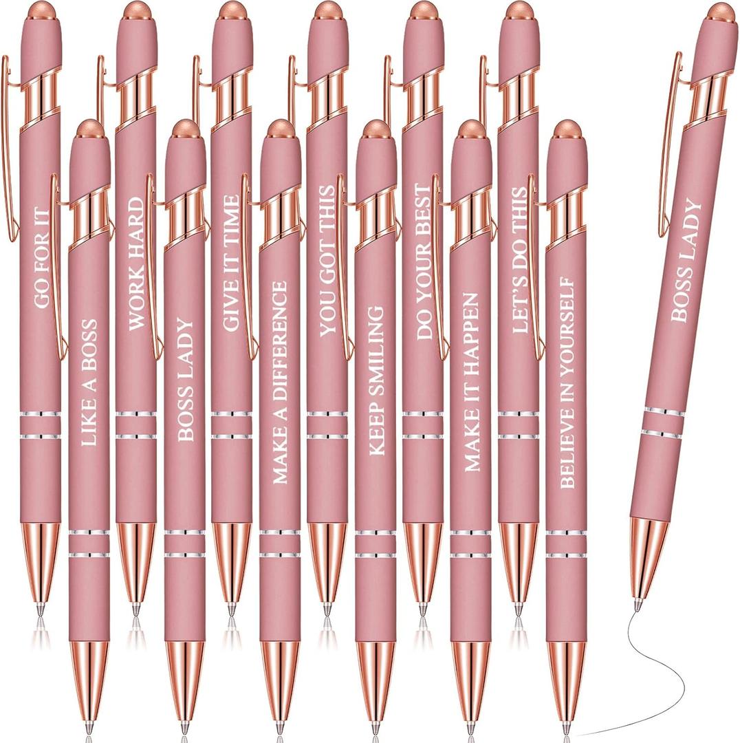 Zonon 12 Pcs Inspirational Pens Bulk Motivational Ballpoint Pen with Stylus Tip Inspirational Graduation Gifts for Teacher Coworkers School Office Supplies Black Ink(Rose Gold,Boss Lady)