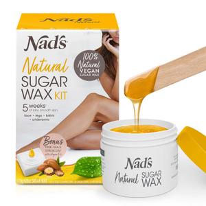 Nad's 100% Natural Sugar Wax Kit, Vegan, Hypoallergenic, No-heat Formula Waxing Sugar Paste, Includes 6 Wooden Spatulas, 10 Reusable 100% Cotton Strips, 1 Pre-wax Cleansing Soap & Sugar Wax 6oz