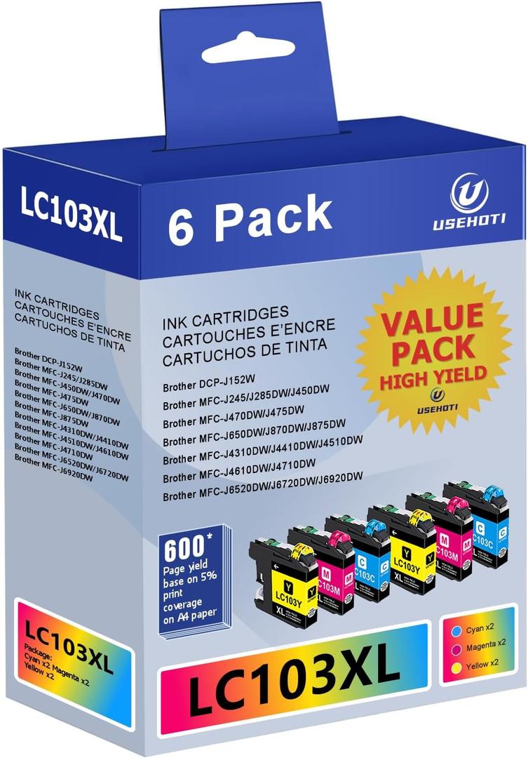 LC103XL Compatible Ink Cartridges Replacement for Brother LC103 LC101 High Yield Color Ink Works with Brother MFC-J870DW, J6920DW, J6520DW, J450DW Printers (2 Cyan, 2 Magenta, 2 Yellow)