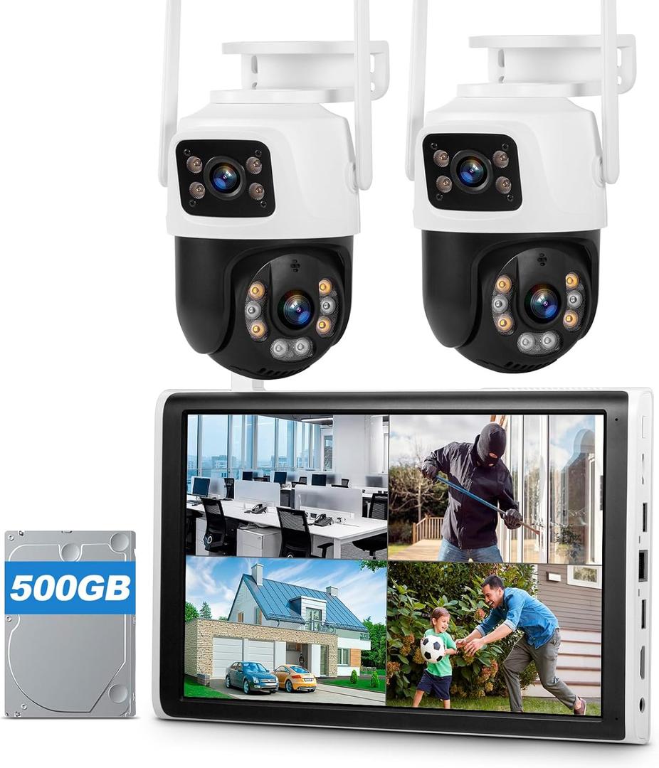Fuers 5MP Wireless Security Camera System with 10" LCD Monitor Built in NVR, 2pcs 6MP Dual Lens 2.4G&5G WiFi Dual Lens Camera, 2-Way Audio, Color Night Vision, Auto Tracking,24/7 Record,500GB HDD