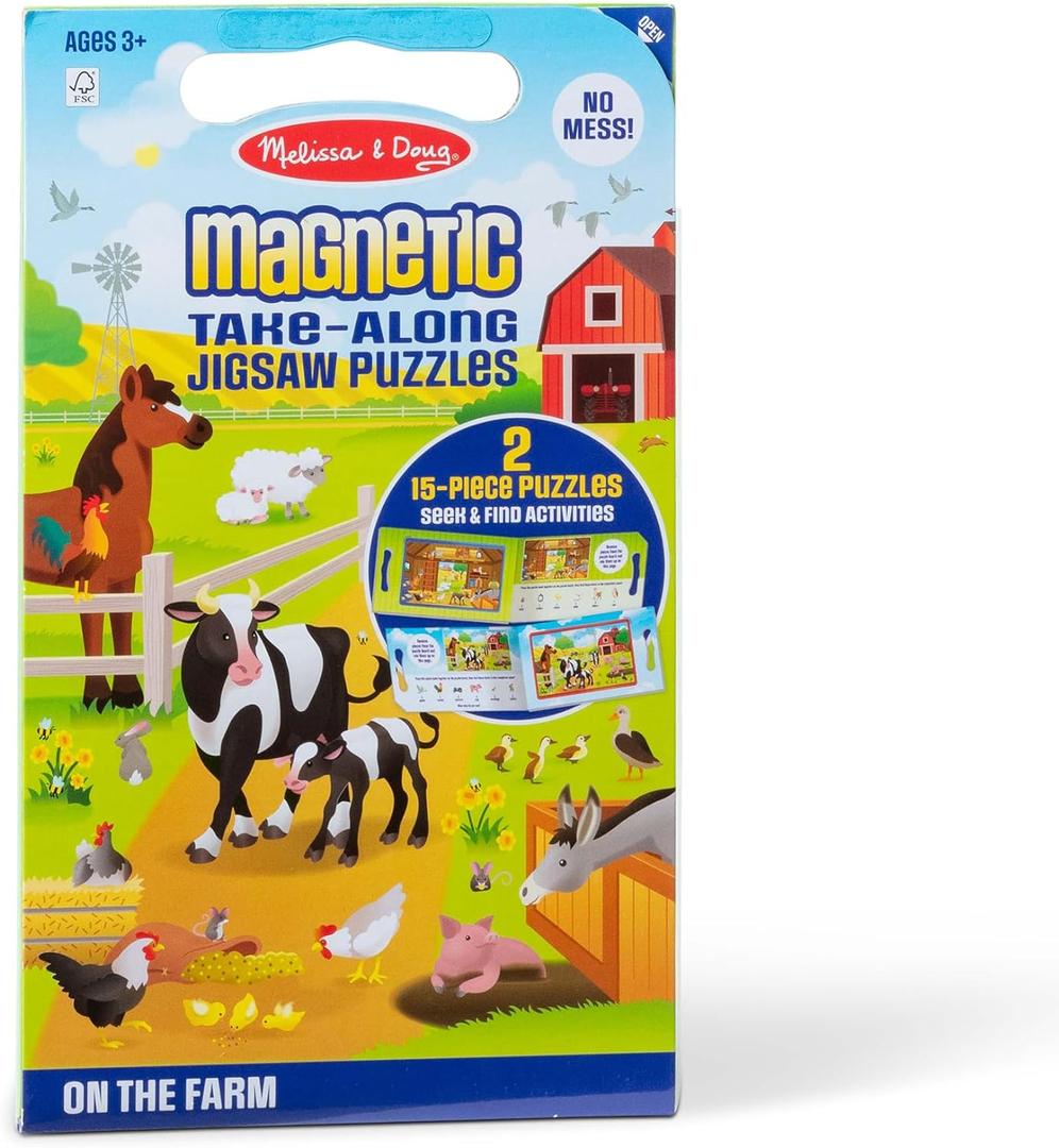 Melissa & Doug Take-Along Magnetic Jigsaw Puzzle Set  On the Farm (2 x 15 Piece) Travel Activity Toy for Preschoolers and Kids Ages 3+ - FSC Certified