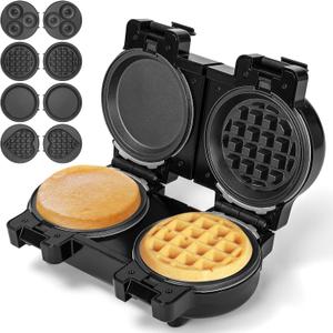 UVFAST Mini Waffles Maker with 8 Removable Plates, 4 in 1 Double Small Waffle Maker Mini- Classic Waffle, Heart Waffle, Griddle, Donut, 5" Non Stick Waffle Iron for Kids and Families, Black