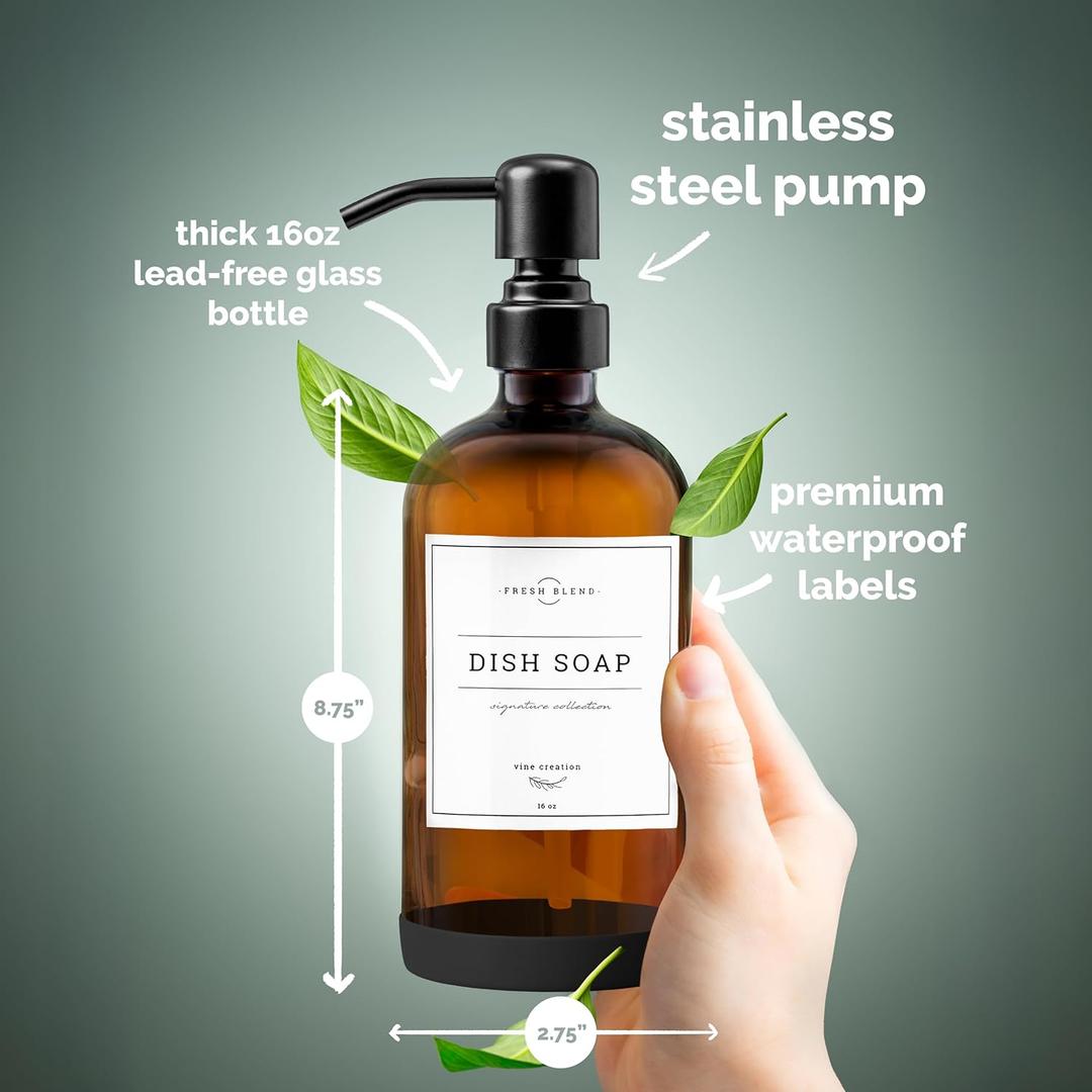 Vine Creations Amber Glass Soap Dispenser, 1 Pack Kitchen Soap Dispenser Set with Rustproof Pump, 16 oz Dish Soap and Hand Soap Dispensers for Bathroom with Waterproof Labels