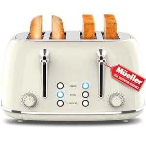 Mueller Retro Toaster 4 Slice with Extra Wide Slots Bagel, Defrost, and Cancel Function, 6 Browning Levels, Dual Independent Controls, Removable Crumb Tray and High Lift Levers, Beige