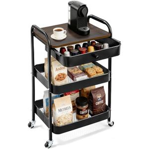 3-Tier Rolling Storage Cart with Wooden Top and Drawer, Metal Mesh Mobile Utility Cart with Handle and Lockable Wheels, Multipurpose Organizer Trolley for Kitchen, Living Room, Bathroom,Office (Brown)