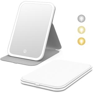 Kintion Travel Makeup Mirror, Portable LED Lighted Makeup Mirror, 360 Rotation Touch Screen Vanity Mirror, 60 LEDs, 3-Color Dimmable Lighting, Rechargeable Tabletop Folding Cosmetic Mirror, White