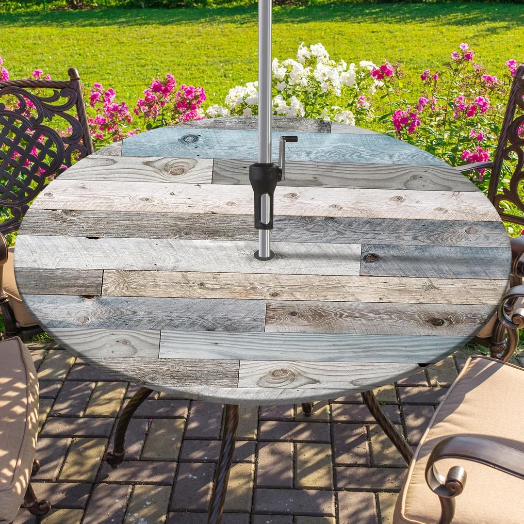 Round Outdoor Tablecloth with Umbrella Hole and Zipper Wood Texture Elastic Table Cover Waterproof Outdoor Table Cloth for Patio Picnic Camping Fits 44-48" Diameter Round Tables