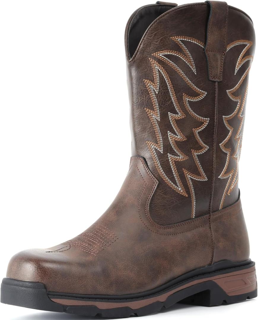 ANGRYRAM Steel Toe Work Boots for Men Waterproof Puncture Resistant Construction Safety Shoes Men's Slip on Square Toe Cowboy Boots (9, Khaki)