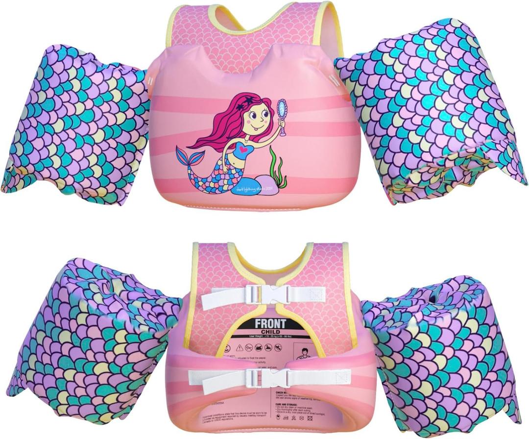 Dark Lightning USCG Coast Guard Approved Toddler Swim Vest for Age 2/3/4/5/6/7 Years Old, Kids Life Jackets with Arm Floaties 30-50 Pounds,Baby Water Wings in Sea/Pool/Puddle (Mermaid)