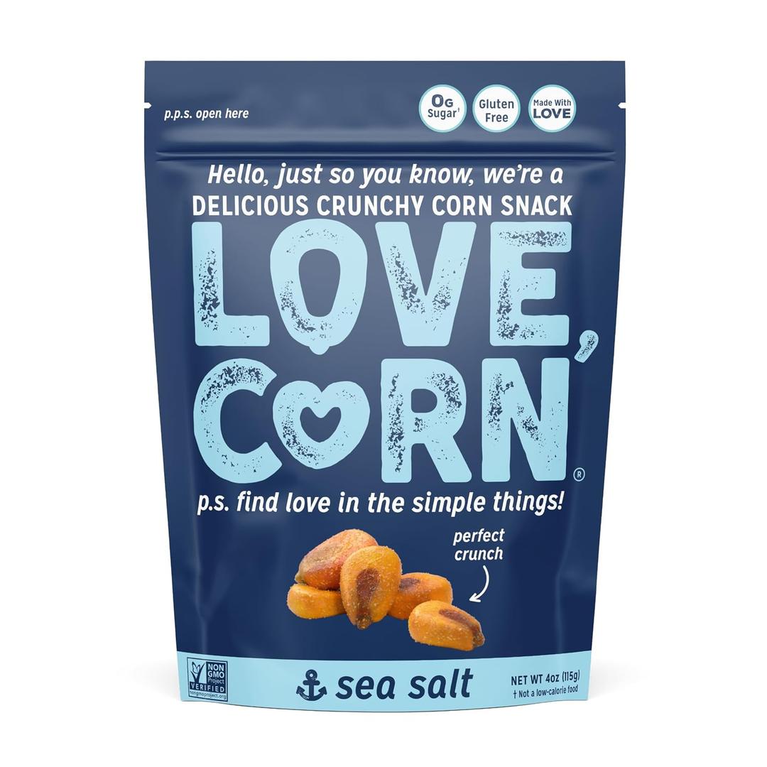 LOVE CORN Sea Salt | Delicious Crunchy Corn Natural Snack | 4 Ounce x 1 Bag | Non-GMO, Low-Sugar, Gluten-Free, Plant Based, Vegan, Low Sugar (EXP 01/24/26)