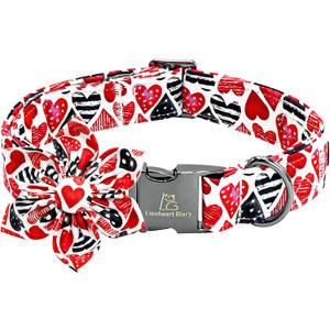 Lionheart glory Valentine's Day Dog Collar-Red Hearts Print Dog Collar with Flower for Small Dogs Spring Pink Cute Dog Bow Collars Female Puppy Collar Flowers Pet Gift