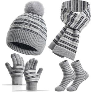 Kids Winter Hat Gloves Scarf Socks Set 4Pcs, Toddler Pom Beanie Warm Knit Scarf Fleece Mittens Socks for Girls Boys Aged 3-8 (Gray)