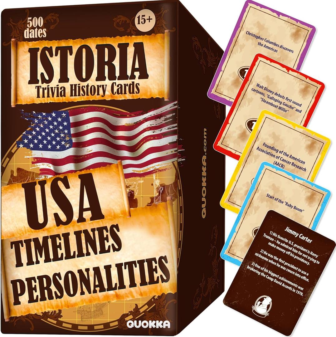 QUOKKA USA History & Personality Board Card Game - Istoria 500 Trivia Cards Double-Sided Deck - Fun Educational Trivia Games for Adults, Friends & Family Night - Ages 15+