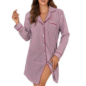 OPOIPIN Women's Long Sleeve Nightgown Button Down Sleepshirt with Pocket Printed Nightshirt Pajamas Sleepwear Burgundy X-Large