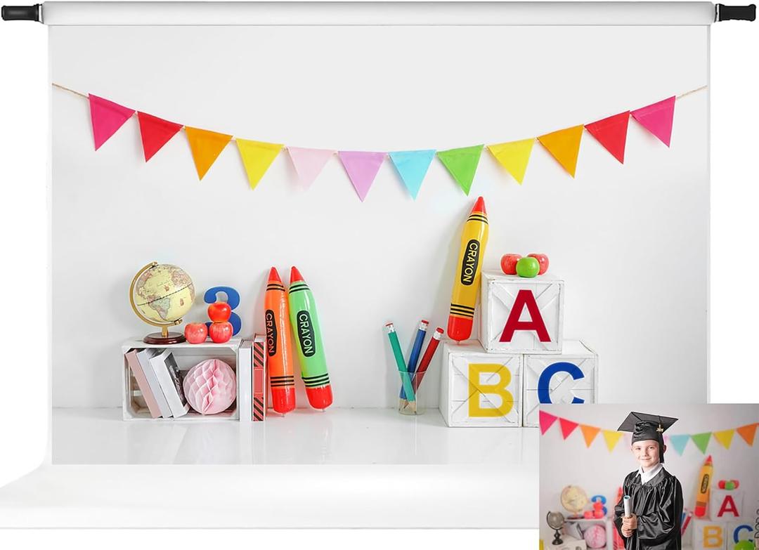 Kate Back to School Backdrop 1st Day of School Backdrop Colorful Crayon ABC Background for Children, 10x6.5ft